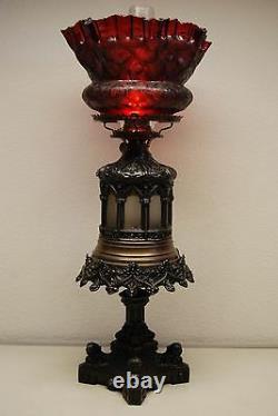 Antique Iden Gothic Boston Sandwich Ruby Red Glass Shade Kerosene Oil Gwtw Lamp