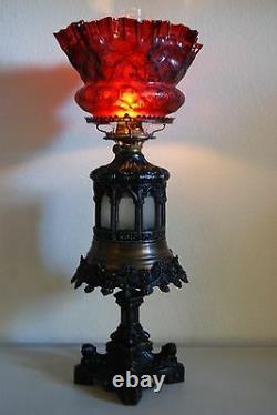 Antique Iden Gothic Boston Sandwich Ruby Red Glass Shade Kerosene Oil Gwtw Lamp