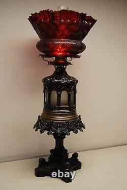 Antique Iden Gothic Boston Sandwich Ruby Red Glass Shade Kerosene Oil Gwtw Lamp