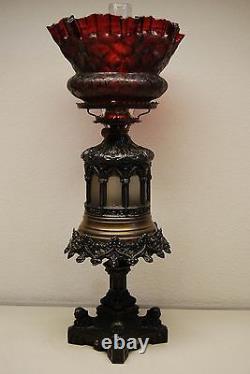 Antique Iden Gothic Boston Sandwich Ruby Red Glass Shade Kerosene Oil Gwtw Lamp