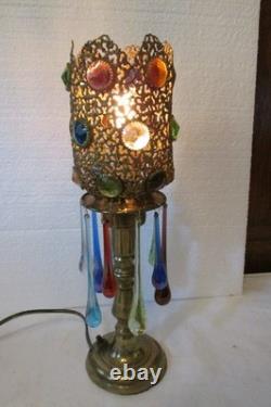 Antique Jeweled Pierced Candlestick Lamp Plug In Tabletop Glass Teardrops Jewels
