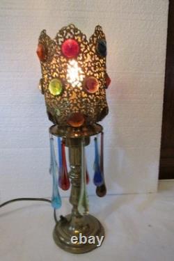 Antique Jeweled Pierced Candlestick Lamp Plug In Tabletop Glass Teardrops Jewels
