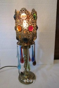 Antique Jeweled Pierced Candlestick Lamp Plug In Tabletop Glass Teardrops Jewels