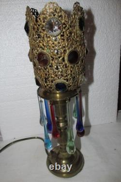 Antique Jeweled Pierced Candlestick Lamp Plug In Tabletop Glass Teardrops Jewels