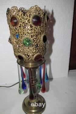 Antique Jeweled Pierced Candlestick Lamp Plug In Tabletop Glass Teardrops Jewels