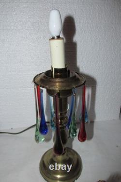 Antique Jeweled Pierced Candlestick Lamp Plug In Tabletop Glass Teardrops Jewels