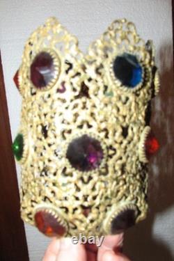 Antique Jeweled Pierced Candlestick Lamp Plug In Tabletop Glass Teardrops Jewels