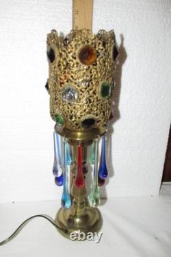 Antique Jeweled Pierced Candlestick Lamp Plug In Tabletop Glass Teardrops Jewels