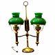 Antique Lamp, Brass Double Arm, Student, Oil-now Electric, Green Shades, 1800s