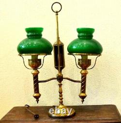 Antique Lamp, Brass Double Arm, Student, Oil-Now Electric, Green Shades, 1800s