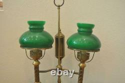 Antique Lamp, Brass Double Arm, Student, Oil-Now Electric, Green Shades, 1800s