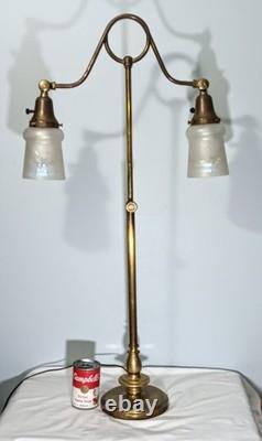 Antique Large Double Arm Adjustable Brass Lamp 24 35 Tall, Cut Glass Shades