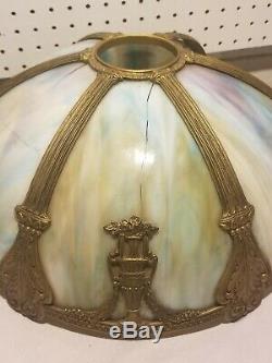 Antique Large Slag Glass Lamp Light Shade 6 Panel Brass Skeleton for Repair