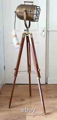 Antique Marine vintage Brown Shaded Nautical Spot Search Light Tripod Floor Lamp