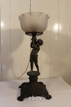 Antique Metal Gas Table Lamp Newel Post Cherub Miller Co Frosted Glass Shade