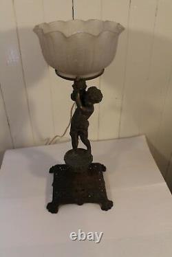 Antique Metal Gas Table Lamp Newel Post Cherub Miller Co Frosted Glass Shade