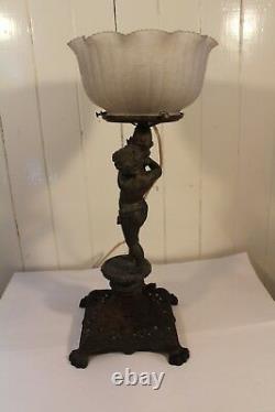 Antique Metal Gas Table Lamp Newel Post Cherub Miller Co Frosted Glass Shade