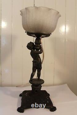 Antique Metal Gas Table Lamp Newel Post Cherub Miller Co Frosted Glass Shade