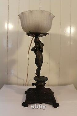 Antique Metal Gas Table Lamp Newel Post Cherub Miller Co Frosted Glass Shade