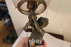 Antique Metal Gas Table Lamp Newel Post Cherub Miller Co Frosted Glass Shade