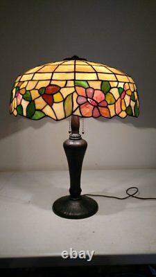 Antique Mint Handel Base with Stained Glass Shade