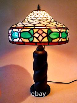 Antique Mission Arts & Crafts Hammered Lamp & Vintage Stain Glass Leaded Shade