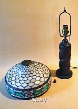 Antique Mission Arts & Crafts Hammered Lamp & Vintage Stain Glass Leaded Shade