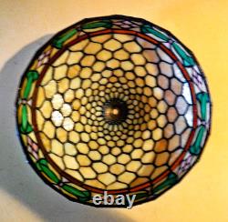 Antique Mission Arts & Crafts Hammered Lamp & Vintage Stain Glass Leaded Shade