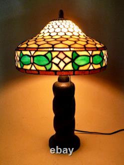 Antique Mission Arts & Crafts Hammered Lamp & Vintage Stain Glass Leaded Shade