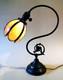 Antique Nouveau Arts Crafts Handel Era Stain Leaded Glass Shade Brass Lamp, 1900
