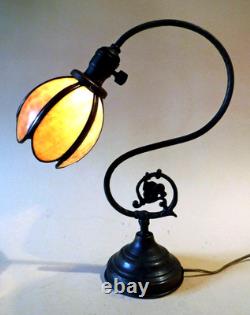 Antique Nouveau Arts Crafts Handel Era Stain Leaded Glass Shade Brass Lamp, 1900
