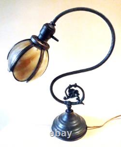 Antique Nouveau Arts Crafts Handel Era Stain Leaded Glass Shade Brass Lamp, 1900