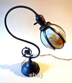 Antique Nouveau Arts Crafts Handel Era Stain Leaded Glass Shade Brass Lamp, 1900