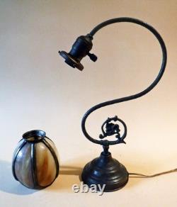 Antique Nouveau Arts Crafts Handel Era Stain Leaded Glass Shade Brass Lamp, 1900