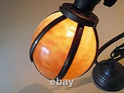 Antique Nouveau Arts Crafts Handel Era Stain Leaded Glass Shade Brass Lamp, 1900