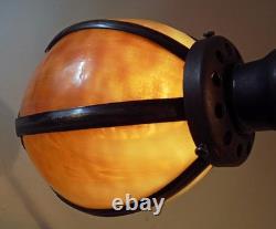 Antique Nouveau Arts Crafts Handel Era Stain Leaded Glass Shade Brass Lamp, 1900