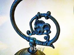 Antique Nouveau Arts Crafts Handel Era Stain Leaded Glass Shade Brass Lamp, 1900