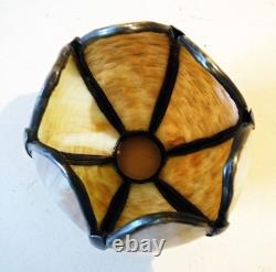 Antique Nouveau Arts Crafts Handel Era Stain Leaded Glass Shade Brass Lamp, 1900