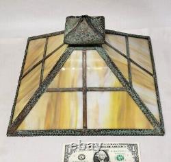 Antique Original Arts & Crafts Mission Slag Glass Lamp SHADE Green Patina COPPER