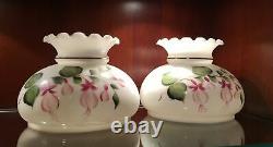 Antique Pair of Hand Painted Fuschia Flower Victorian Glass Lamp Shades Vtg 10