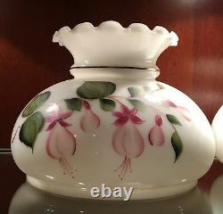 Antique Pair of Hand Painted Fuschia Flower Victorian Glass Lamp Shades Vtg 10