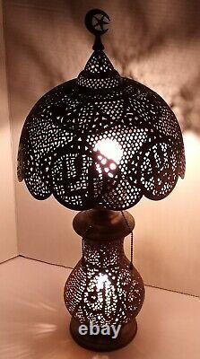 Antique Pierced Brass Crescent Moon Table Lamp With Shade Vintage Lamp