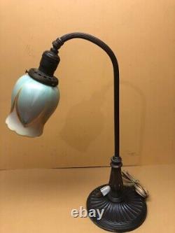 Antique Pulled Feather Glass Lamp Shade & Lamp unsigned Quezal