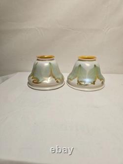 Antique Quezal Iridescent Pearl/Gold Pulled Feather Glass Lamp Shades Globe (2)