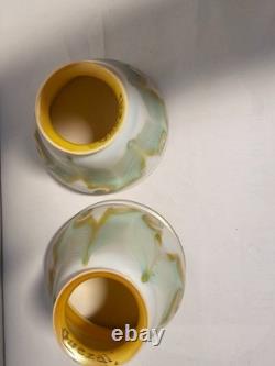 Antique Quezal Iridescent Pearl/Gold Pulled Feather Glass Lamp Shades Globe (2)