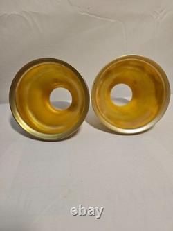 Antique Quezal Iridescent Pearl/Gold Pulled Feather Glass Lamp Shades Globe (2)