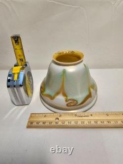 Antique Quezal Iridescent Pearl/Gold Pulled Feather Glass Lamp Shades Globe (2)