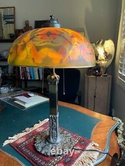 Antique Reverse Painted Lamp Shade and Lamp- Pittsburgh Lamp, Brass & Glass Co
