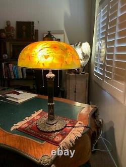 Antique Reverse Painted Lamp Shade and Lamp- Pittsburgh Lamp, Brass & Glass Co