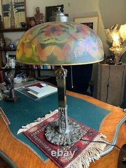 Antique Reverse Painted Lamp Shade and Lamp- Pittsburgh Lamp, Brass & Glass Co